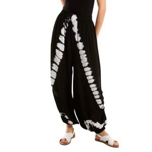 XL Black & White Tie Dye Long Leg Harem Pants Pockets Elastic Ankle And Waist